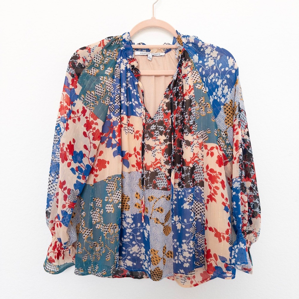 Womens Blouse Size S Multicolor Long Sleeve‎ Floral Patchwork Boho Artsy Flowy